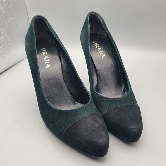 Prada Heel Pumps Shoes Donna Calzature Green Black Suede Cap Toe Sz 6 36 Used - Picture 4 of 10